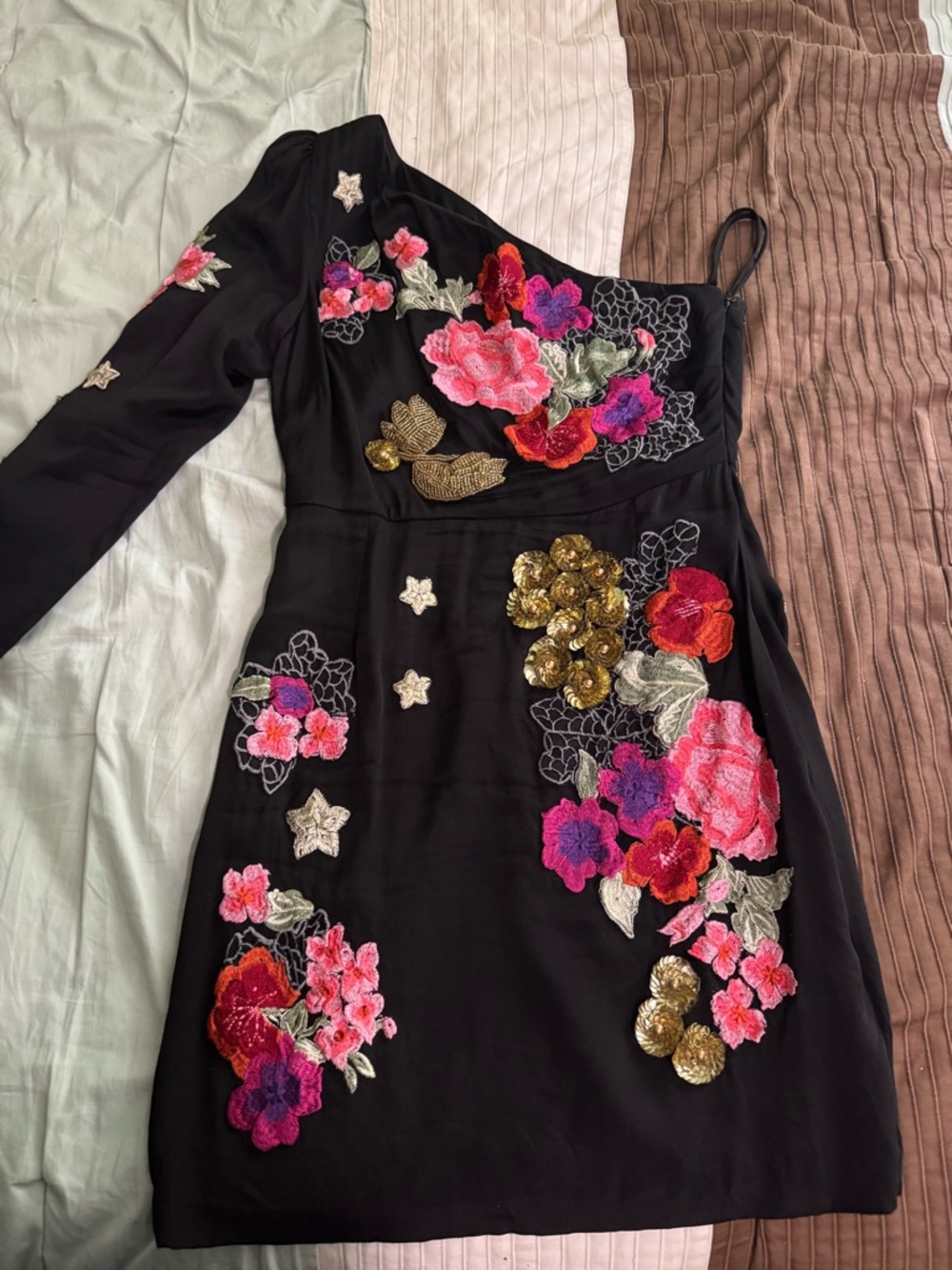 Nicole Miller Collection Silk One-Shoulder Floral Embroidered Dress